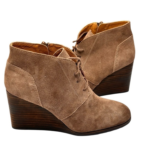 NEW Lucky Brand Women's Bootie 7M Shylow Wedge Beige Suede Lace Up Side Zipper - Picture 6 of 14